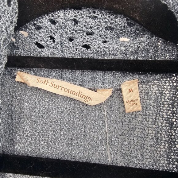 Soft Surroundings Long Duster Cardigan M Blue Crochet Pleated Boho Cottagecore - Picture 4 of 11